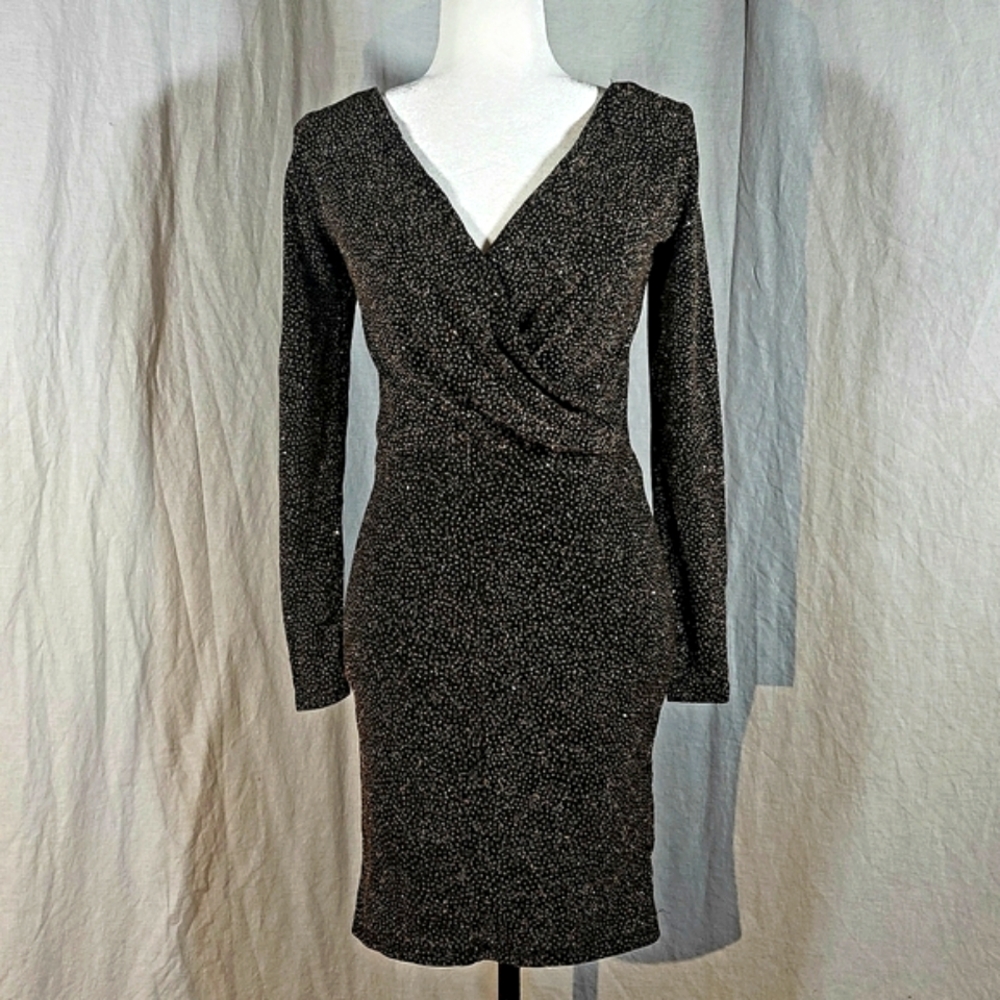 H&M black w/ gold sparkles long-sleeved surplice bodycon mini dress, S, EUC